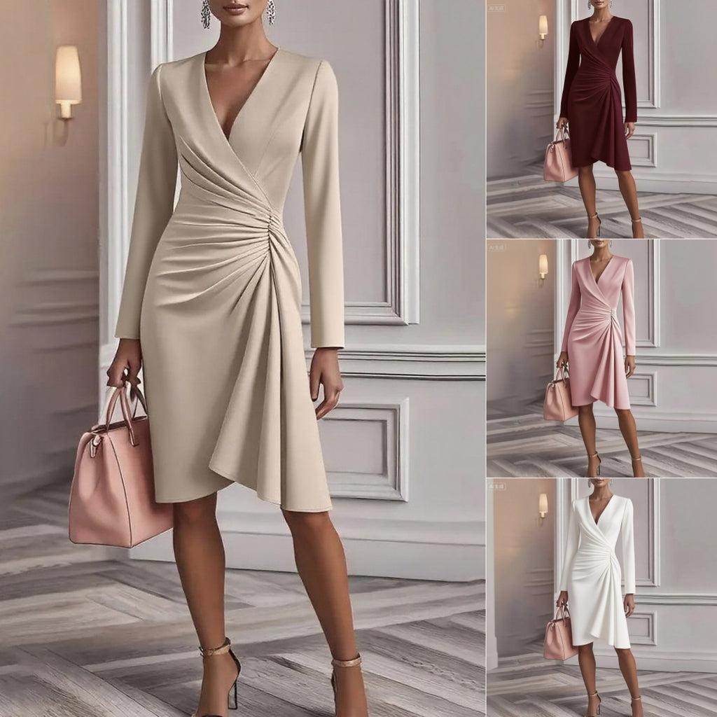 V Neck Folds  Solid Color Slim-fit Long Sleeve V-pleated Design Dress  Women's Office Commuter A-line Midi Party Dresses Female Clothing